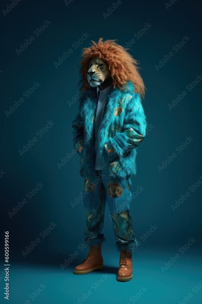 Fashion photo of lion wearing clothes. Generative AI. 