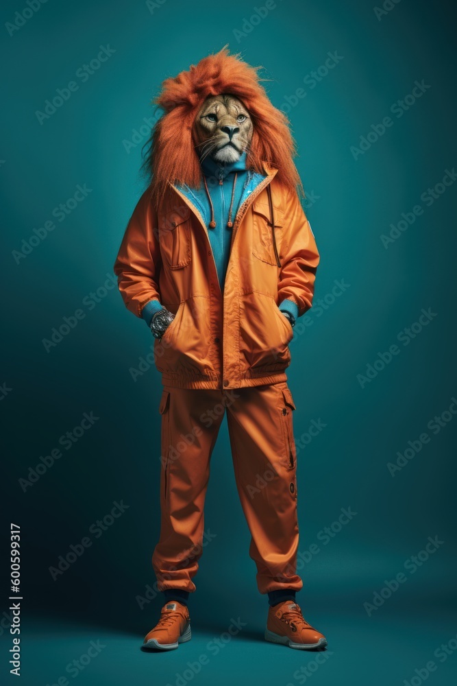 Fashion photo of lion wearing clothes. Generative AI. Fashion photo of lion wearing clothes. Generative AI.