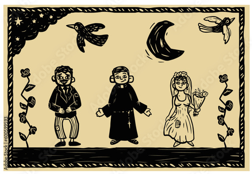 Country town wedding. Priest, fearful groom and bride. Art in woodcut style and cordel literature.