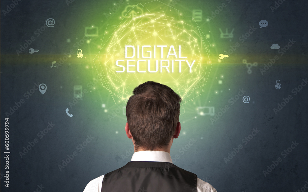 Rear view of a businessman, online security concept Rear view of a businessman, online security concept