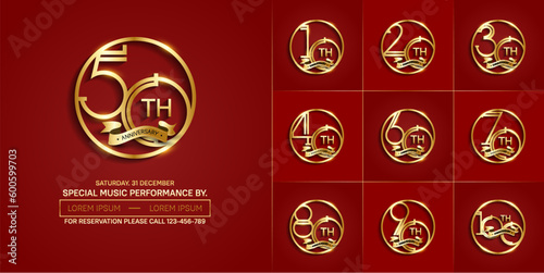 set of anniversary logotype golden color in circle and ribbon for special celebration event