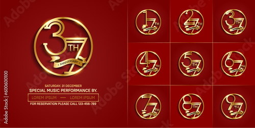 set of anniversary logotype golden color in circle and ribbon for special celebration event