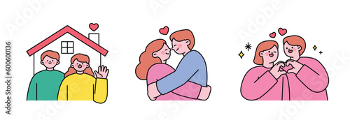 Wedding day. newlyweds' house. A couple hugging each other. A couple holding hands.