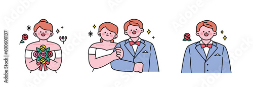 Wedding day. A bride with a bouquet. Newlyweds with arms crossed. groom and corsage.