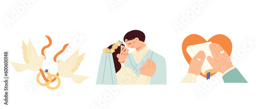 Wedding day. White dove and wedding rings, bride and groom in wedding dress, hands making wedding vows.