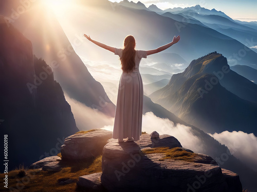 Spiritual Reflection, Image of a Woman Praying with Arms in Air on Top of Mountain at Sunset, created with Generative AI technology photo