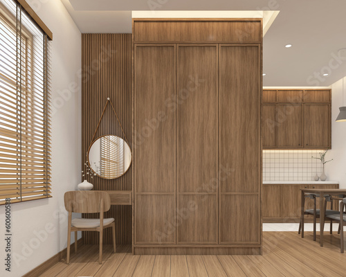 фотографія Modern japan style tiny room decorated with wood built-in wardrobe and dressing table, wood floor and white wall