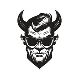 devil wearing sunglasses, vintage logo line art concept black and white color, hand drawn illustration