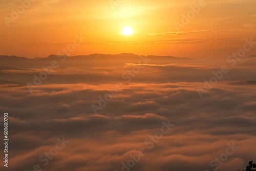 大撫山から見た朝日を浴びて輝く雲海の情景