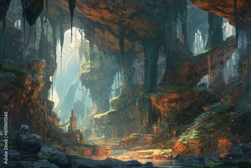 日の光が差し込む雄大な自然の洞窟：AI作品  © fumoto-lab