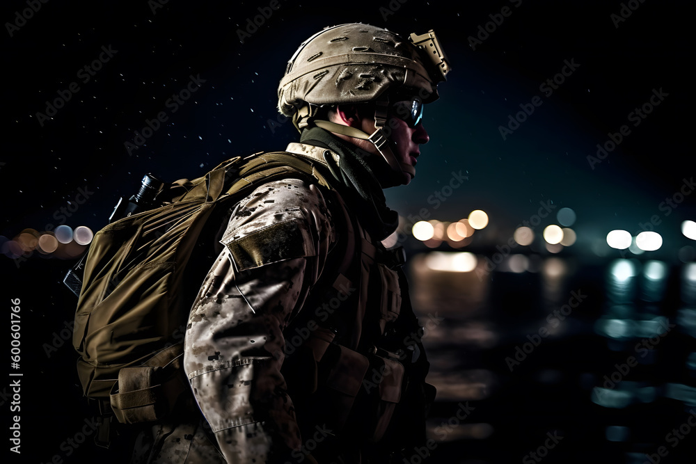 Elite member of US Army rangers in combat helmet and dark glasses ...
