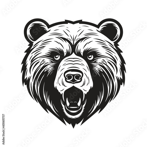 grizzly bear mascot, vintage logo line art concept black and white color, hand drawn illustration
