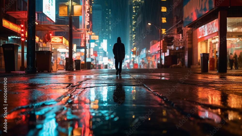 An abstract cityscape at night with neon lights, reflections on a wet ...
