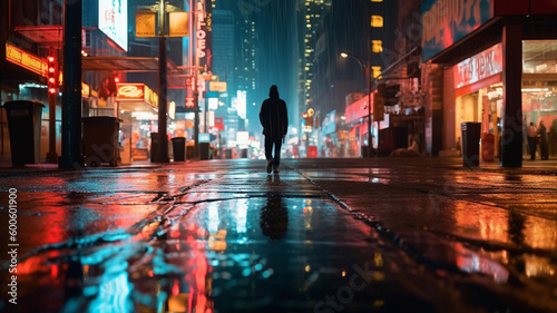 An abstract cityscape at night with neon lights, reflections on a wet street, and a blurry silhouette of a person walking alone. generative ai. © Strabiliante