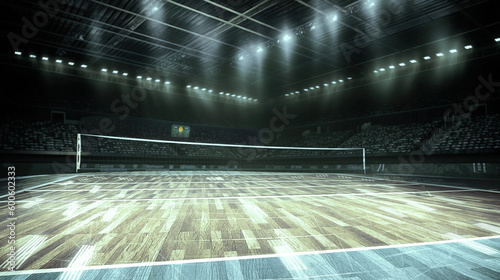 Stadium 3d render volleyball arena in spotlights. photo
