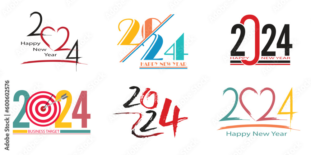 Big Set of 2024 Happy New Year logo text design. multicolored numbers 2024 for poster, brochure, banner, ticket. 