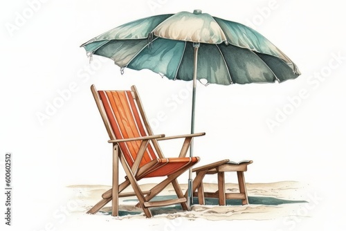 Watercolor, beach chair and umbrella, generative ai