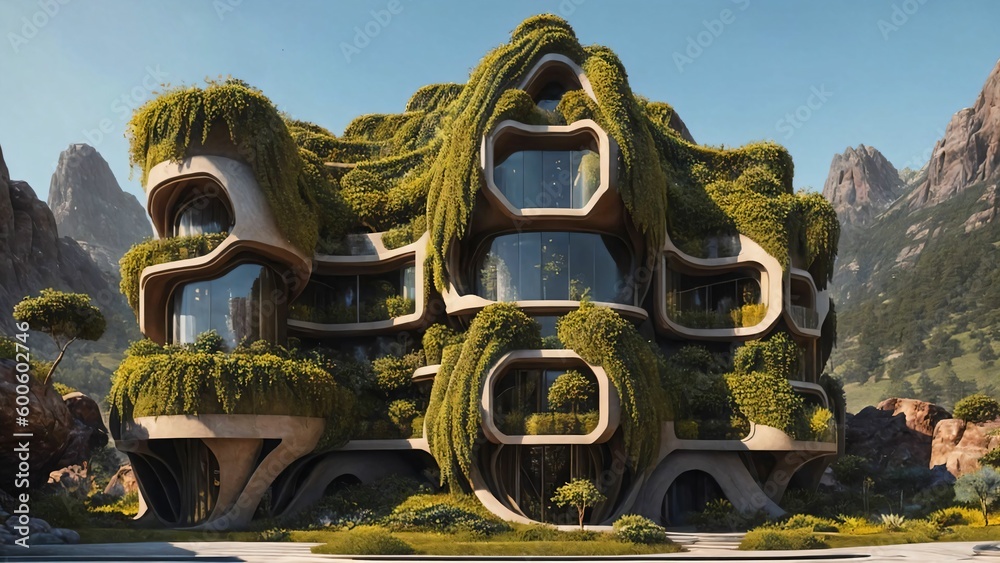 Fototapeta premium The Hive - Sci-fi futuristic brutalist architecture style building structure with cylindrical pattern and lush vegetation façade - Generative AI Illustration