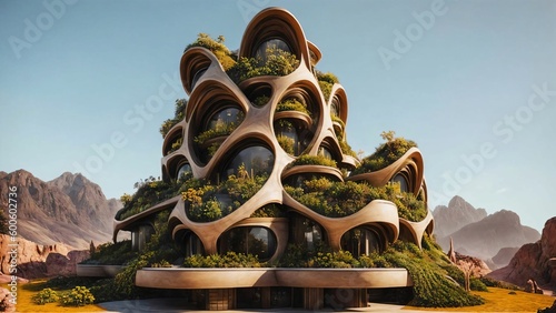 The Hive - Sci-fi futuristic brutalist architecture style building structure with cylindrical pattern and lush vegetation façade - Generative AI Illustration