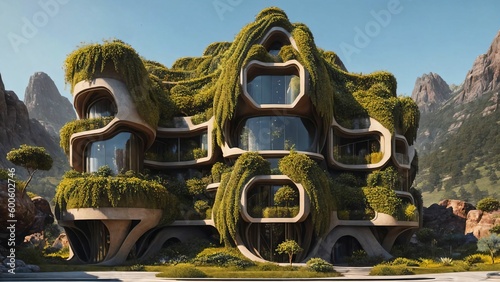 The Hive - Sci-fi futuristic brutalist architecture style building structure with cylindrical pattern and lush vegetation façade - Generative AI Illustration