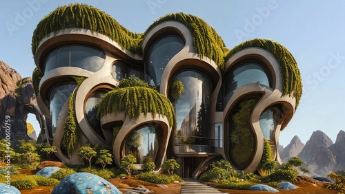 The Hive - Sci-fi futuristic brutalist architecture style building structure with cylindrical pattern and lush vegetation façade - Generative AI Illustration