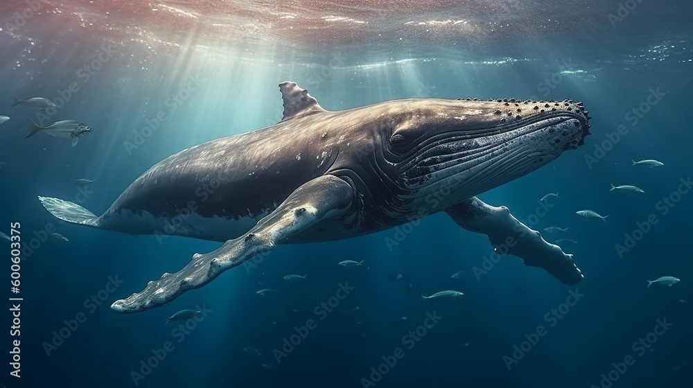 Fototapeta premium A Photo-realistic illustration of a blue whale in the ocean