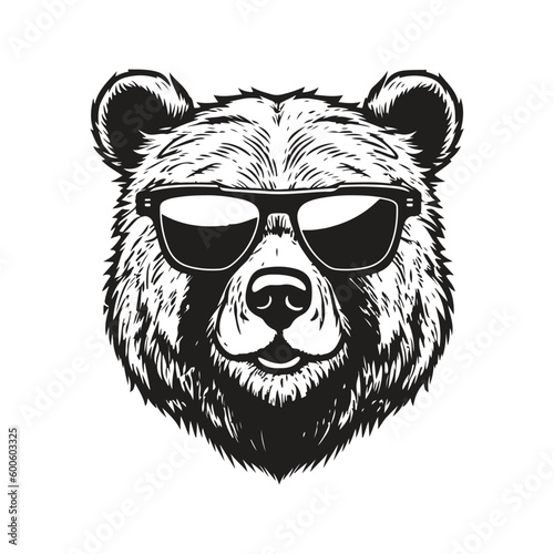 grizzly bear wearing sunglasses, vintage logo line art concept black and white color, hand drawn illustration