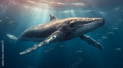 A Photo-realistic illustration of a blue whale in the ocean