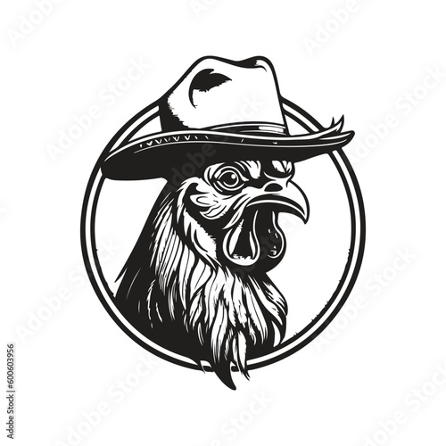 rooster wearing hat, vintage logo line art concept black and white color, hand drawn illustration