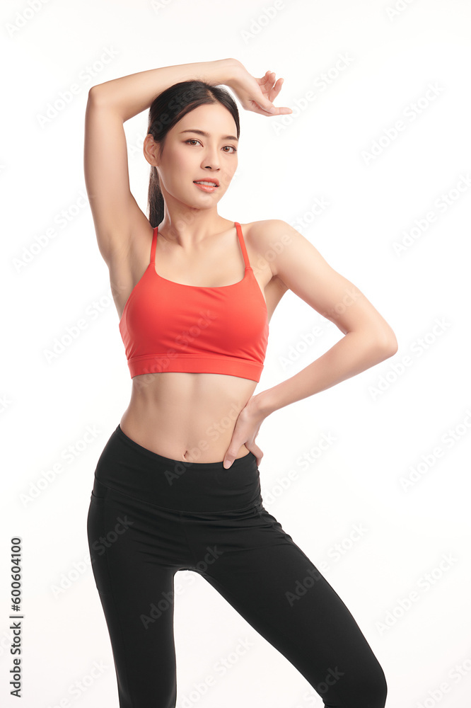 Beautiful young asian sport woman with sportswear ready for exercise on white background, Advertising sportswear and yoga wear, Healthy lifestyle, sport. Beautiful young asian sport woman with sportswear ready for exercise on white background, Advertising sportswear and yoga wear, Healthy lifestyle, sport.