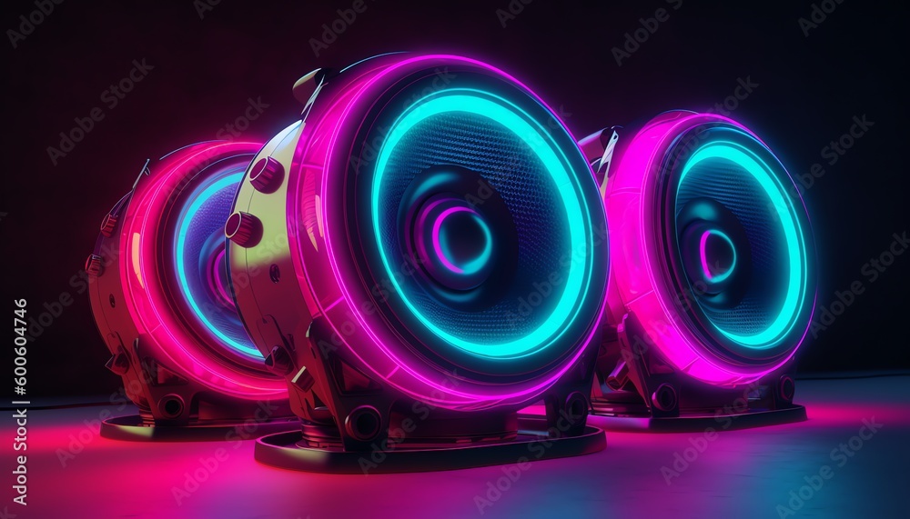 glowing neon circle audio speakers in night glowing neon circle audio speakers in night