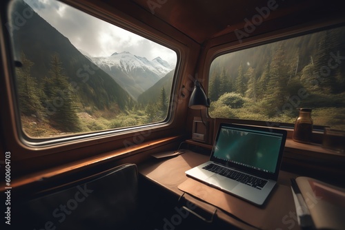 workplace with a computer in a minivan, remote work with a view of nature landscapes, vanlife © RJ.RJ. Wave