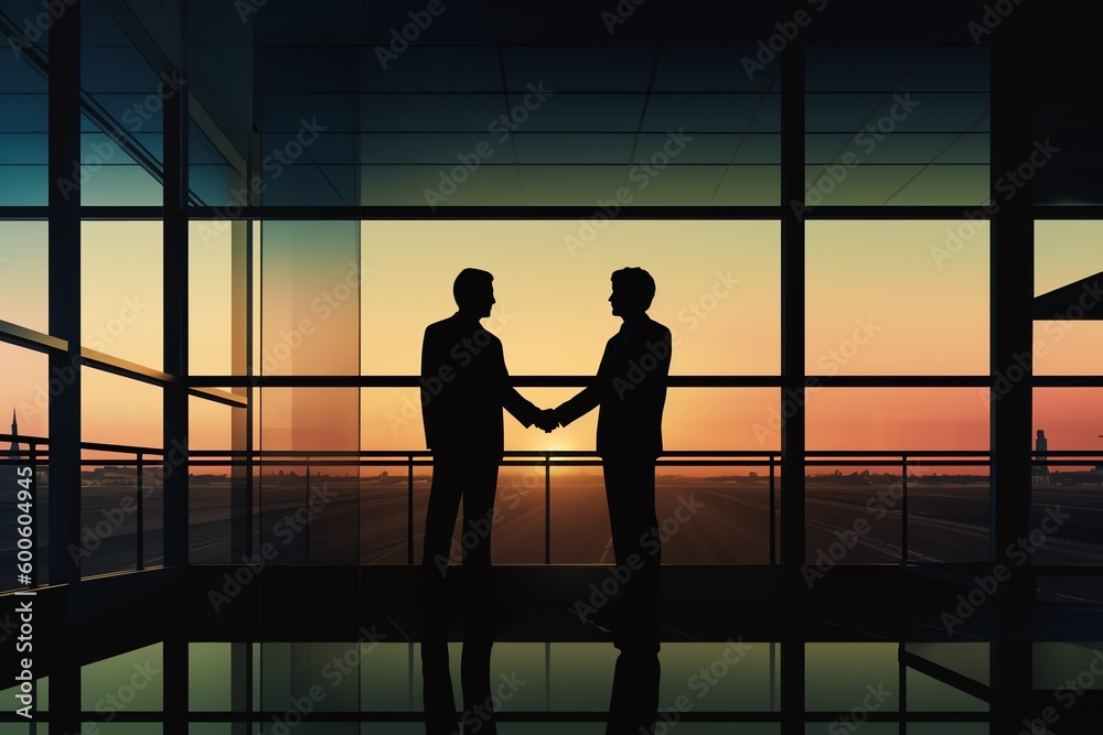 silhouette of people in the office, handshake at sunset
