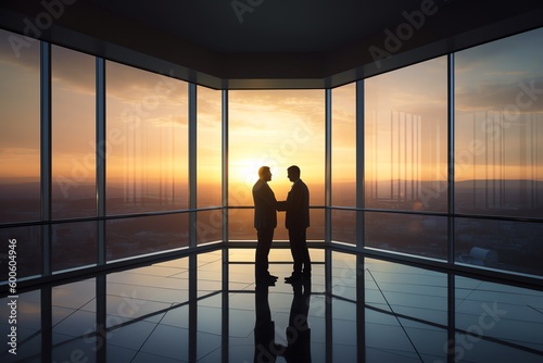 silhouette of people in the office, handshake at sunset