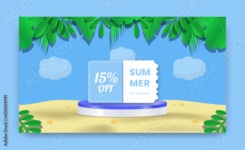 Creative summer sale banner, blue background, tropical leaves frame, cylindrical shape podium, discount vouchers