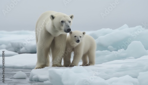 polar bear with her child on the ice 