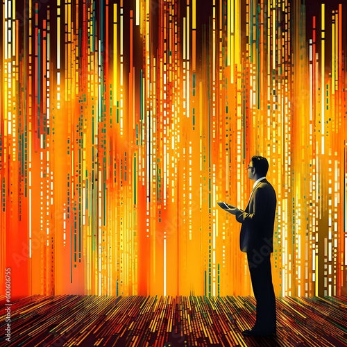 A businessman analyzes financial data on a background of vibrant yellow and orange lines.