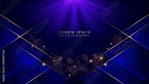 Blue triangle elegant shine with slant golden lines, rays sparkle glowing effect and bokeh elements. Modern Abstract style vector design