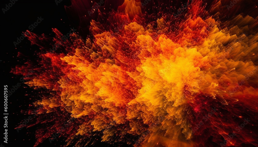 Fototapeta premium Explosive fractal patterns ignite a vibrant, multi colored inferno backdrop generated by AI