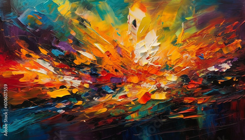 Vibrant acrylic painting with chaotic shapes and colorful brush strokes generated by AI