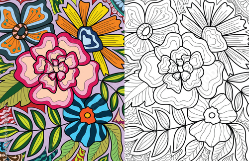 Decorative hand-drawn detailed floral mehndi design style coloring book page illustration 