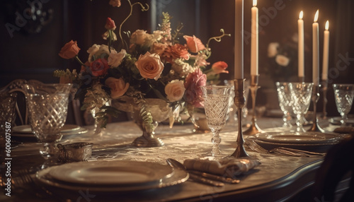 Elegant wedding celebration with luxurious table decor and ornate crockery generated by AI