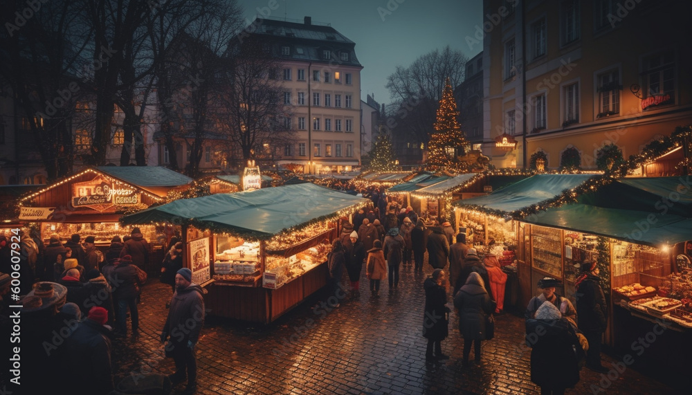 In the winter dusk, a large crowd celebrates Christmas outdoors generated by AI