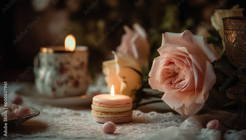 Burning candlelight sets the mood for romantic chocolate dessert generated by AI Burning candlelight sets the mood for romantic chocolate dessert generated by AI