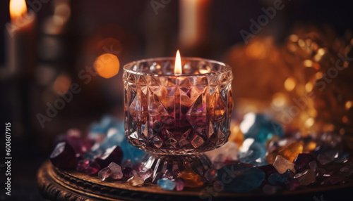 A glowing flame illuminates a crystal whiskey glass on table generated by AI