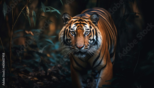 The majestic Bengal tiger walks through the tranquil green forest generated by AI