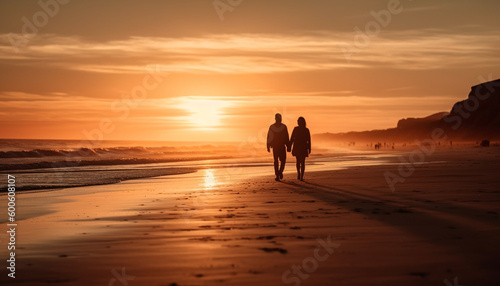 Romantic couple embraces at dusk, enjoying tranquil beach vacation together generated by AI