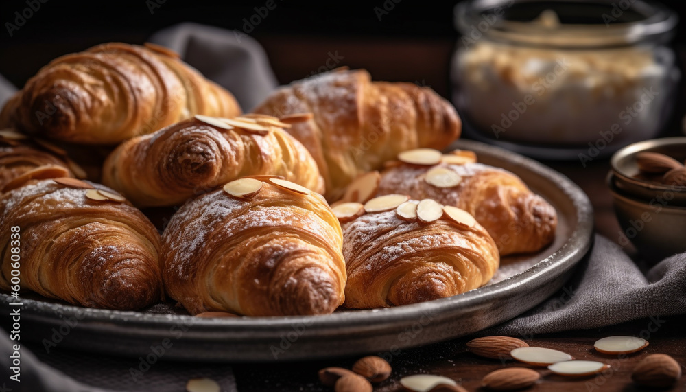Indulgent French pastry basket with fresh croissants and chocolate brioche generated by AI