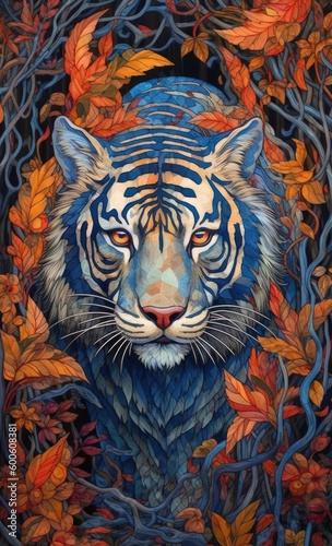 Abstract fantasy Bengal tiger in blue  orange  and gold. Big jungle cat. Feline portrait carnivore. 