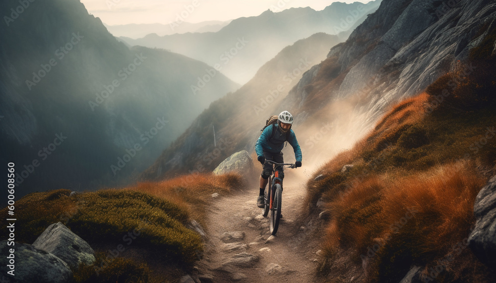 Obraz premium One person conquers mountain peak on bicycle, enjoying healthy lifestyle generated by AI